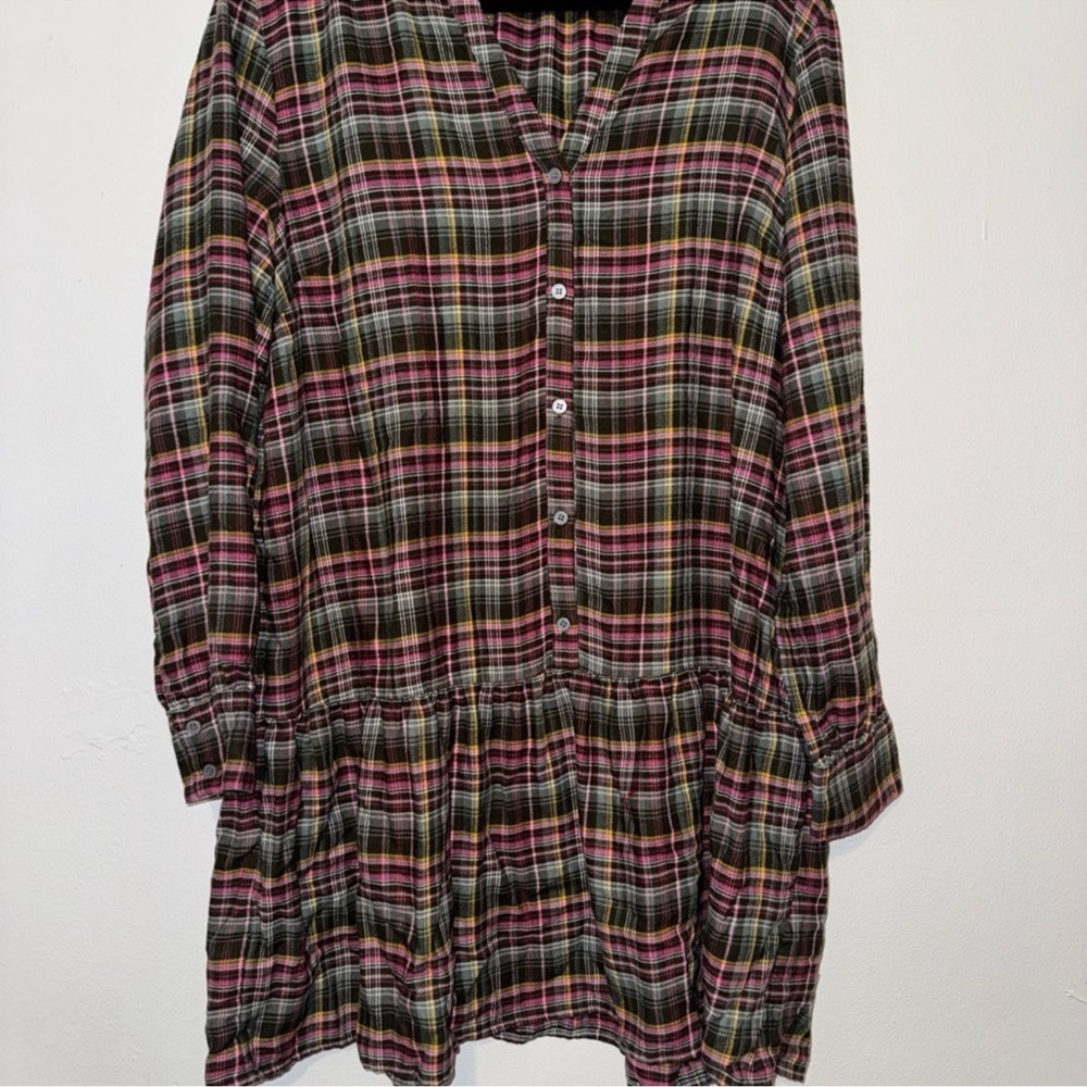 LOFT Long Sleeve Plaid Tunic Dress in Olive, Pink & Yellow